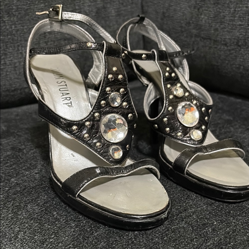 Stuart Weitzman Black Heeled Sandals with Crystal Embellishments